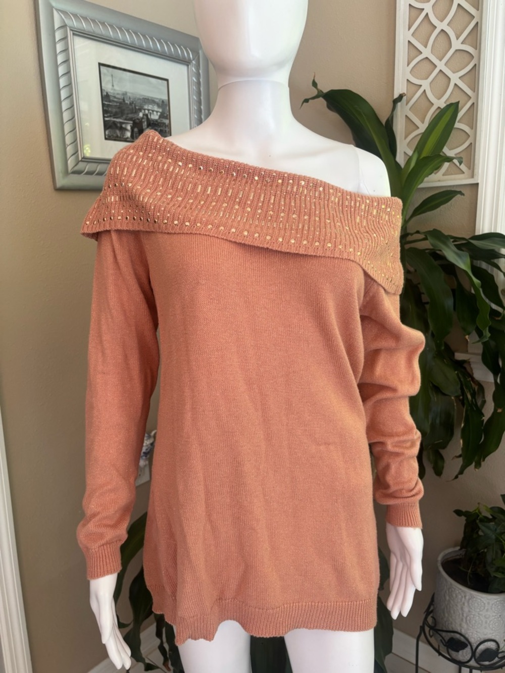 New York & Company Peach Off-the-Shoulder Knit Sweater with Embellished Foldover